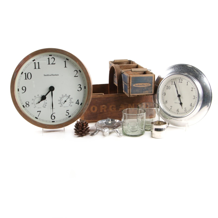 Smith & Hawken Copper Garden Clock with Orchard Boxes and Other Décor