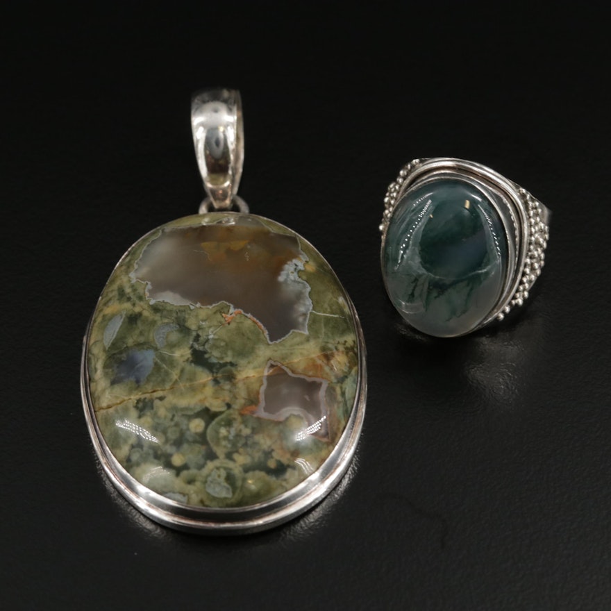 Sterling Silver Moss Agate Pendant and Ring