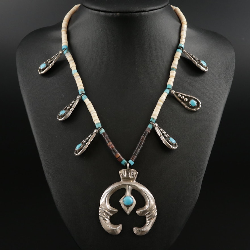 Southwestern Style Sterling Silver Signed FBJ Turquoise and Shell Necklace