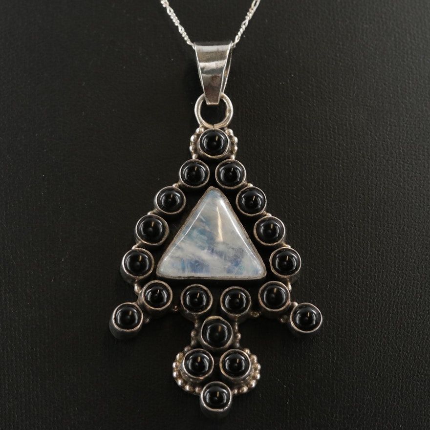 Sterling Silver Rainbow Moonstone and Black Onyx Pendant Necklace