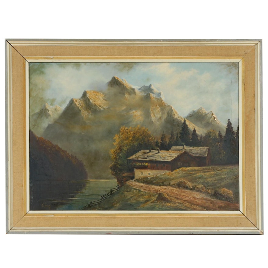 Alpine Landscape Oil Painting, Mid-20th Century