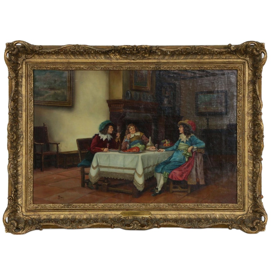 Genre Oil Painting "An After Dinner Story", Late 19th Century