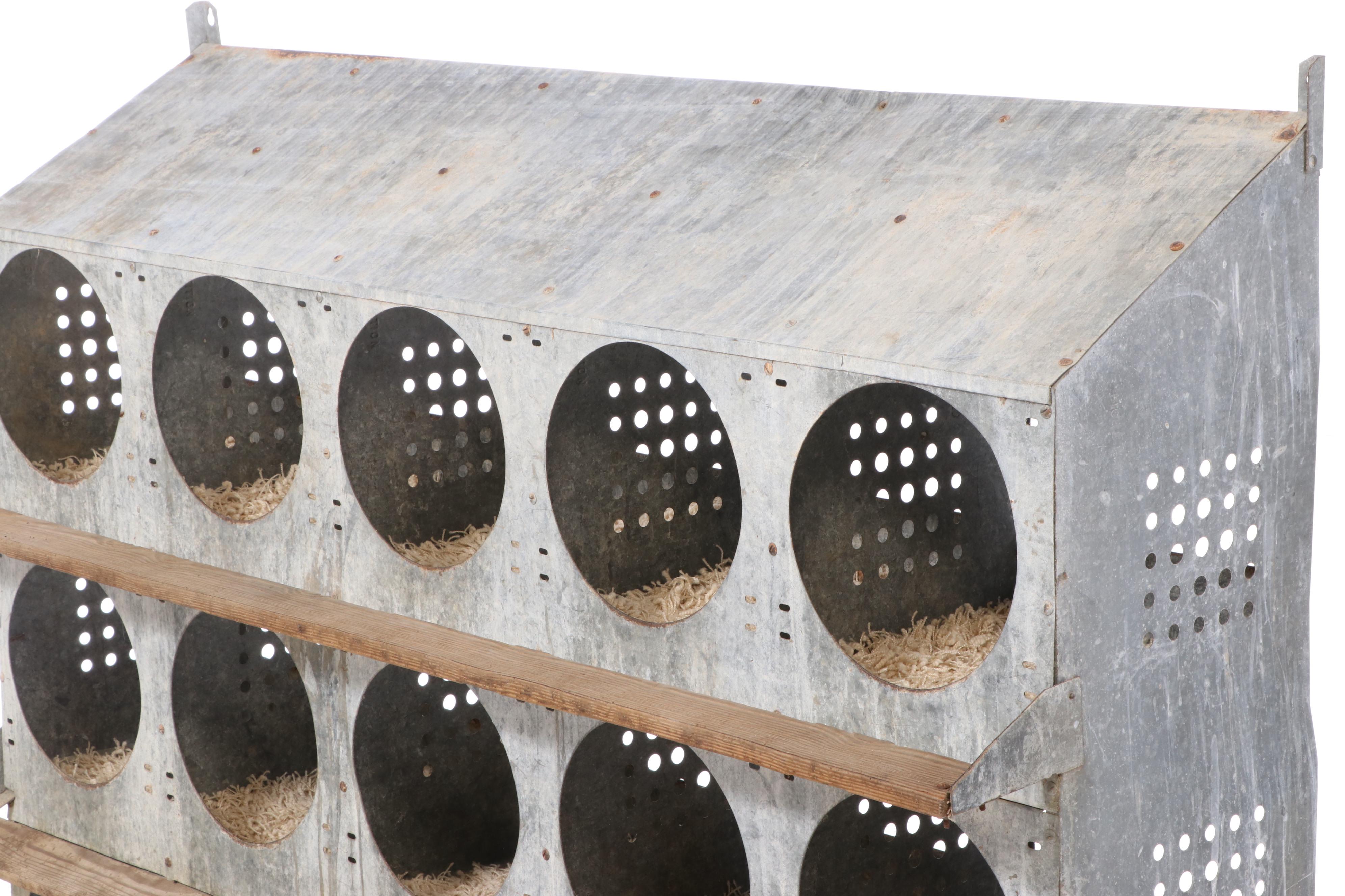 Large Sheet Metal and Wood Slat Fifteen-Hole Chicken Nesting Box