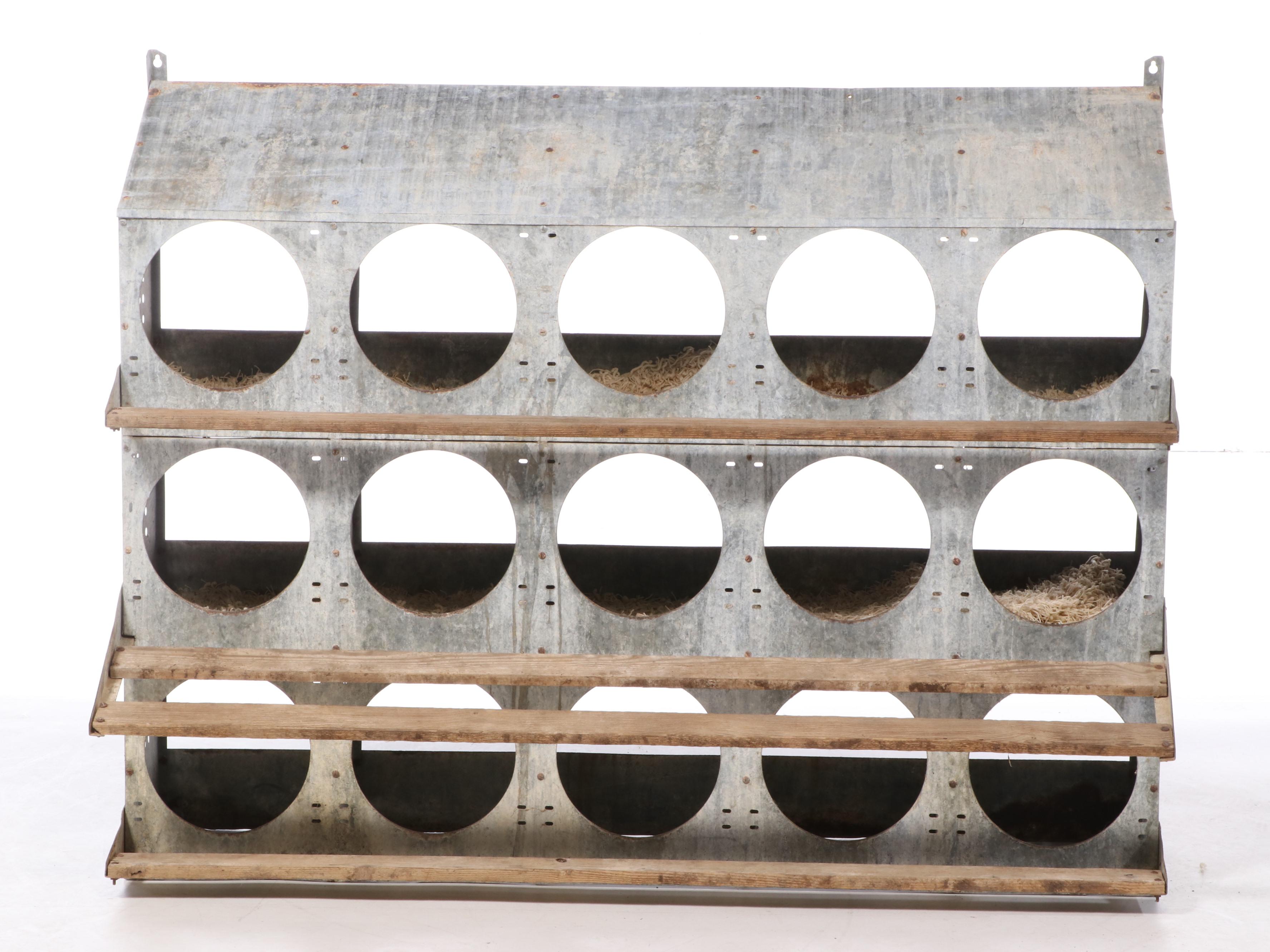 Large Sheet Metal and Wood Slat Fifteen-Hole Chicken Nesting Box