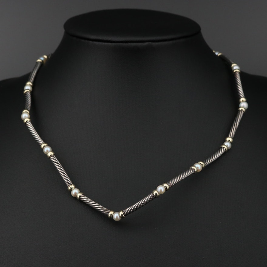 David Yurman "Metro" Sterling Pearl Station Necklace with 18K Accents