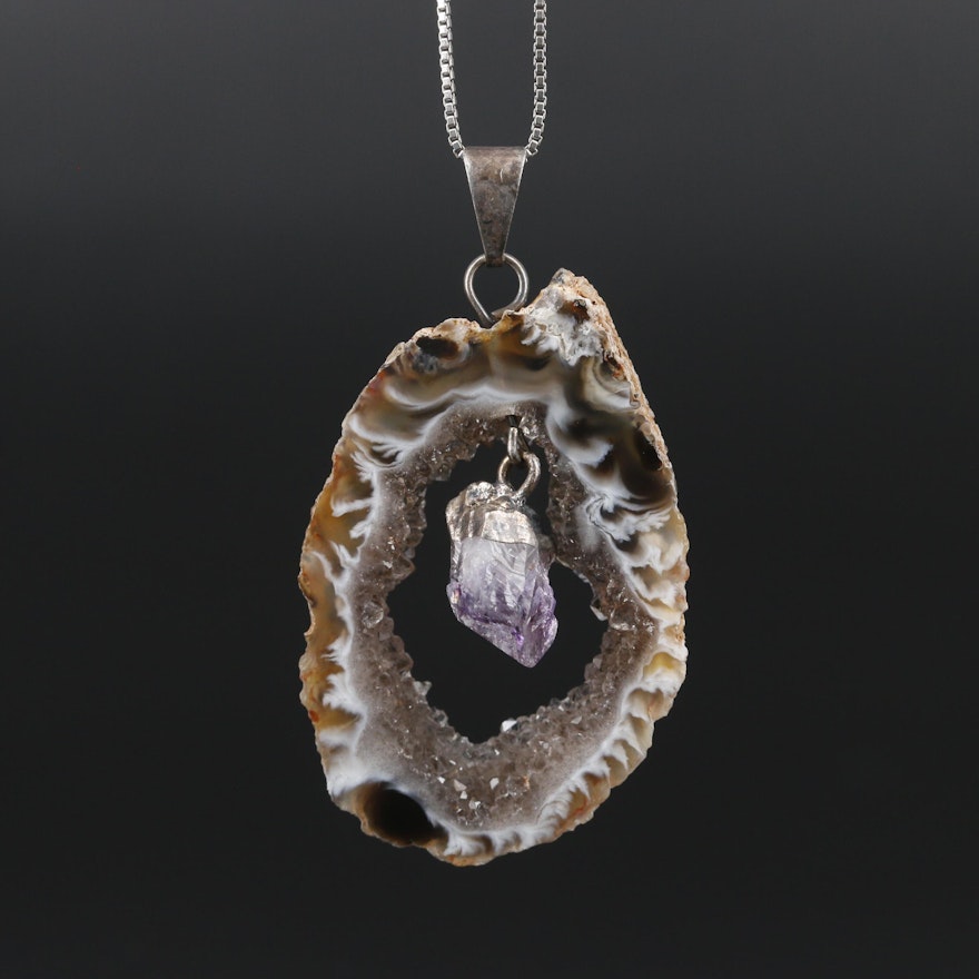 Sterling Silver Agate Geode and Amethyst Pendant Necklace