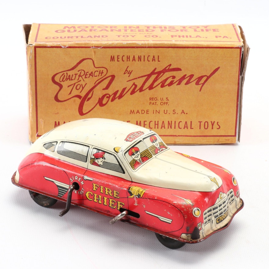 Courtland Toy Co. "Fire Chief" Key-Wind Friction Toy in Original Packaging