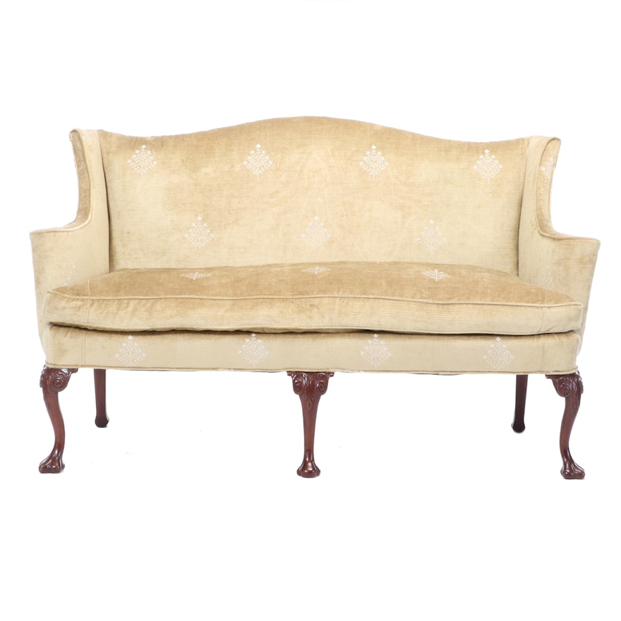 George III Style Hickory Chair Mahogany Upholstered Settee, Late 20th Century
