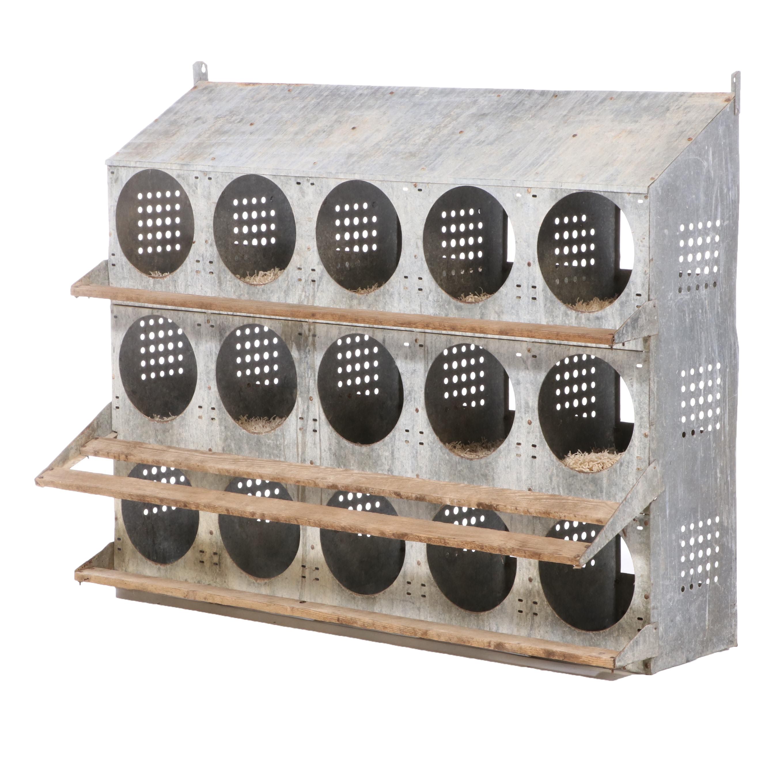 Large Sheet Metal and Wood Slat Fifteen-Hole Chicken Nesting Box