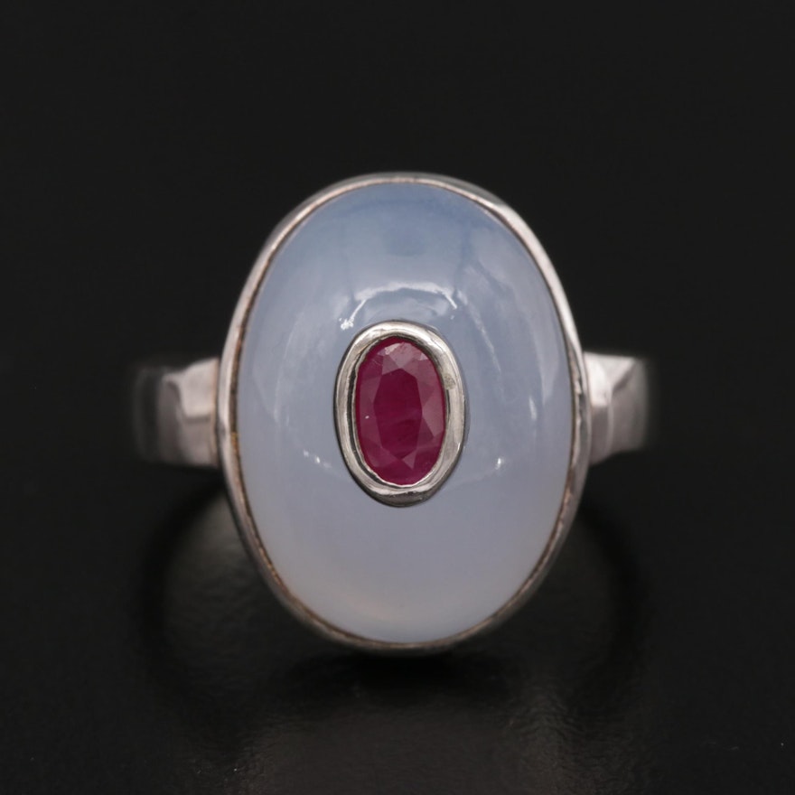 Sterling Silver Synthetic Ruby and Chalcedony Ring