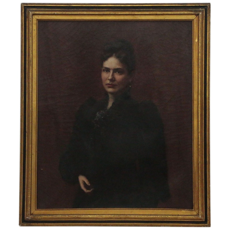 Oil Painting Portrait of a Woman in Black, Late 19th Century