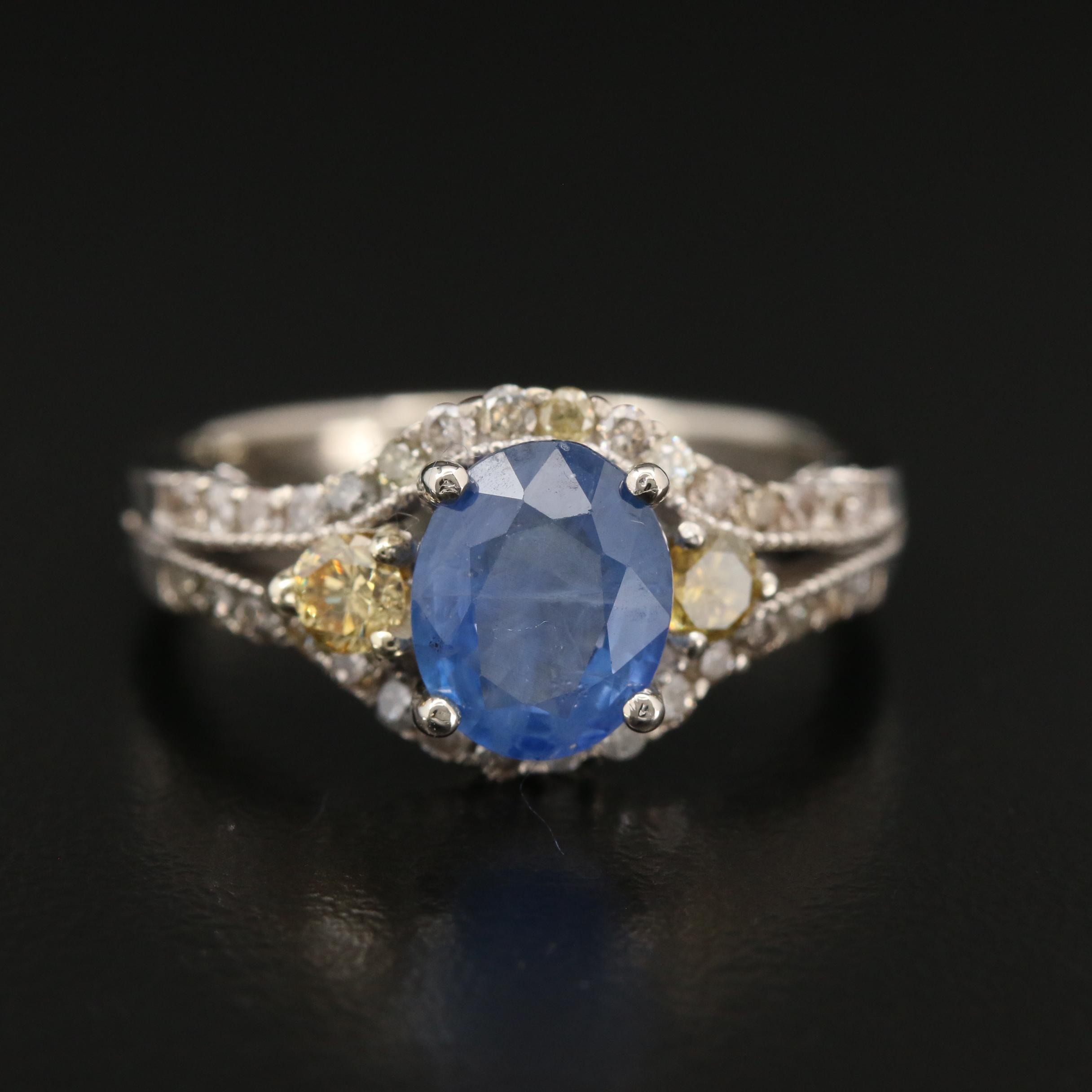 14K White Gold 2.15 CT Sapphire and Diamond Ring