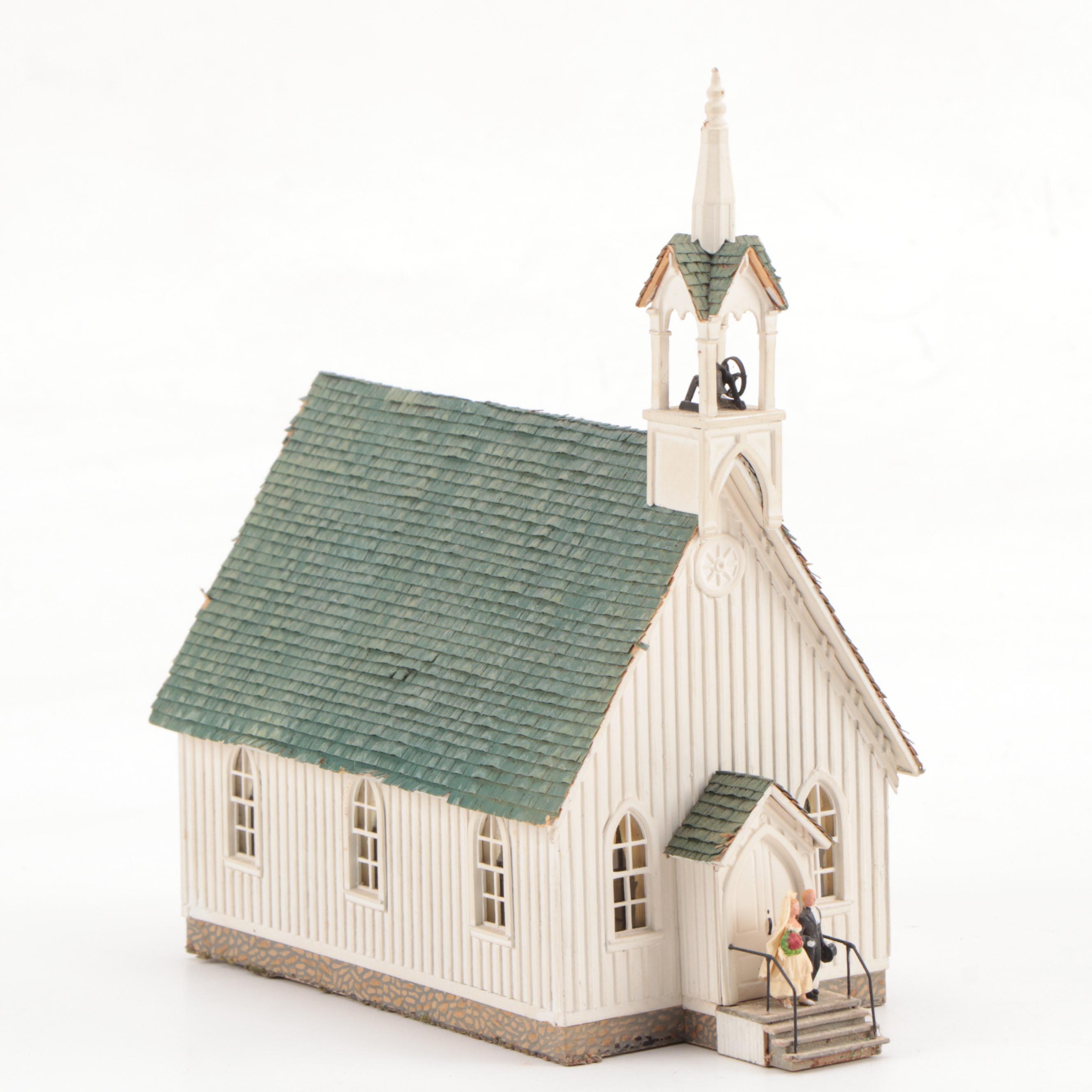 Model Train Structures Including Shops, Houses and a Church