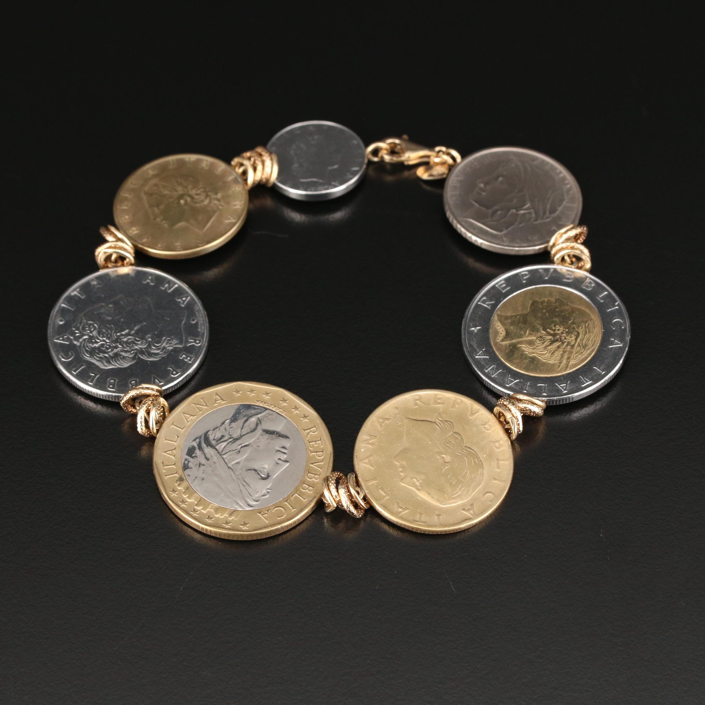 Milor 14K Gold Bracelet with Modern Italian Lire Coins