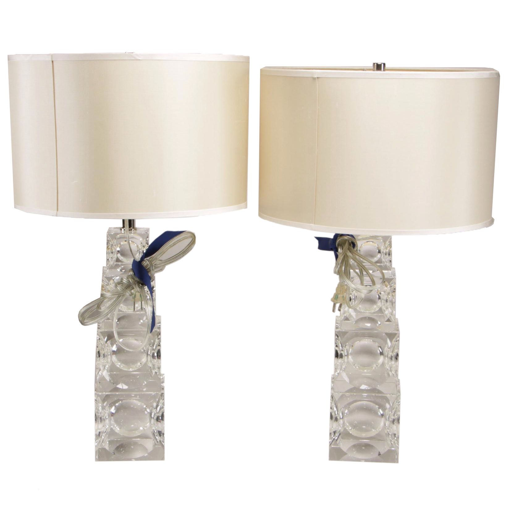 Simon Pearce Graduated Stacked Glass Cubes Table Lamp Pair