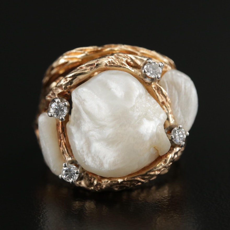 14K Gold Pearl and Diamond Ring