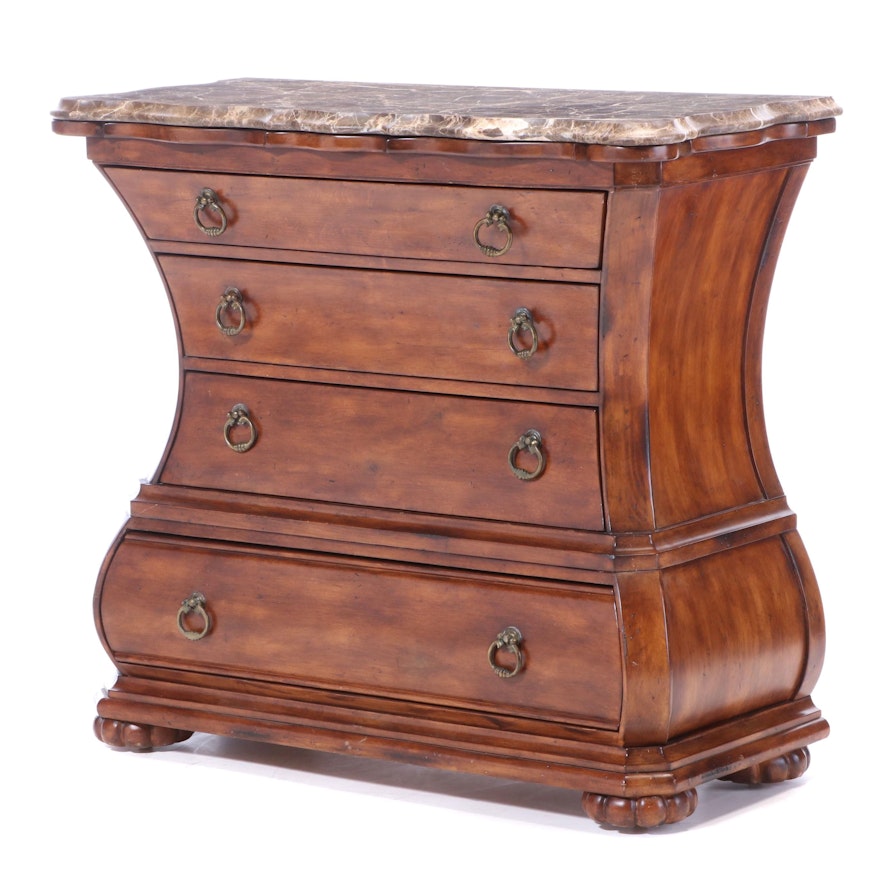 Hickory White Mahogany-Stained Marble Top Bombe Chest of Drawers