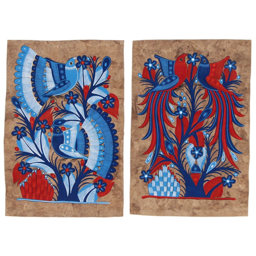 Central American Amate Bark Blue Bird Folk Paintings