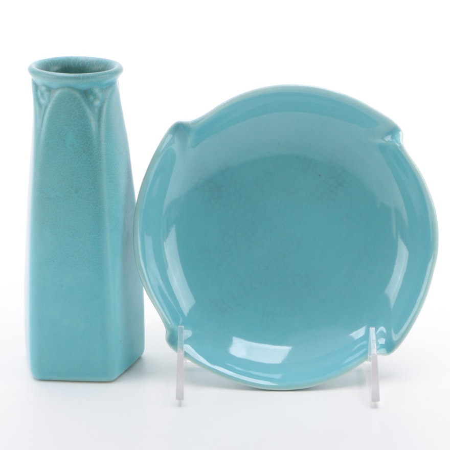 Rookwood Pottery Blue Glaze Vase and Ashtray, Mid-20th Century