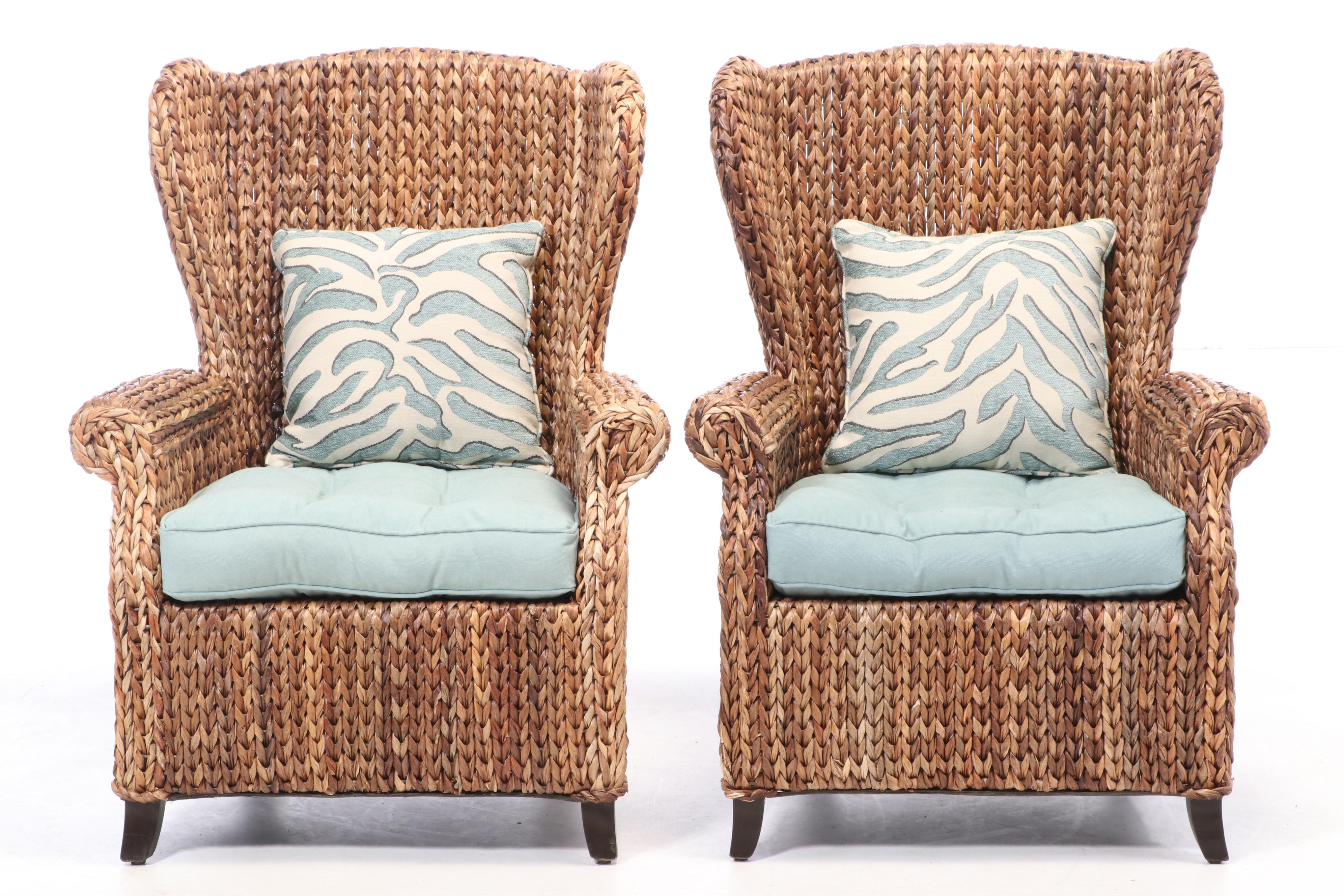Pair of Pier 1 Imports Wicker Wingback Patio Armchairs