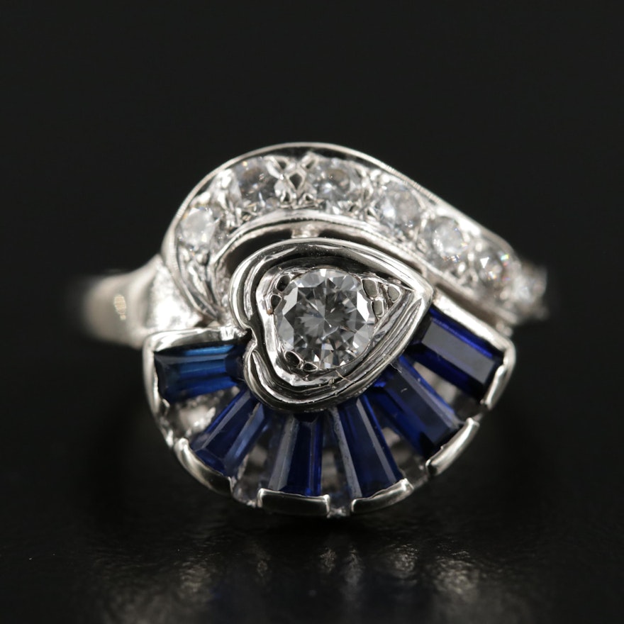 Retro Style 14K Gold Diamond and Synthetic Sapphire Ring