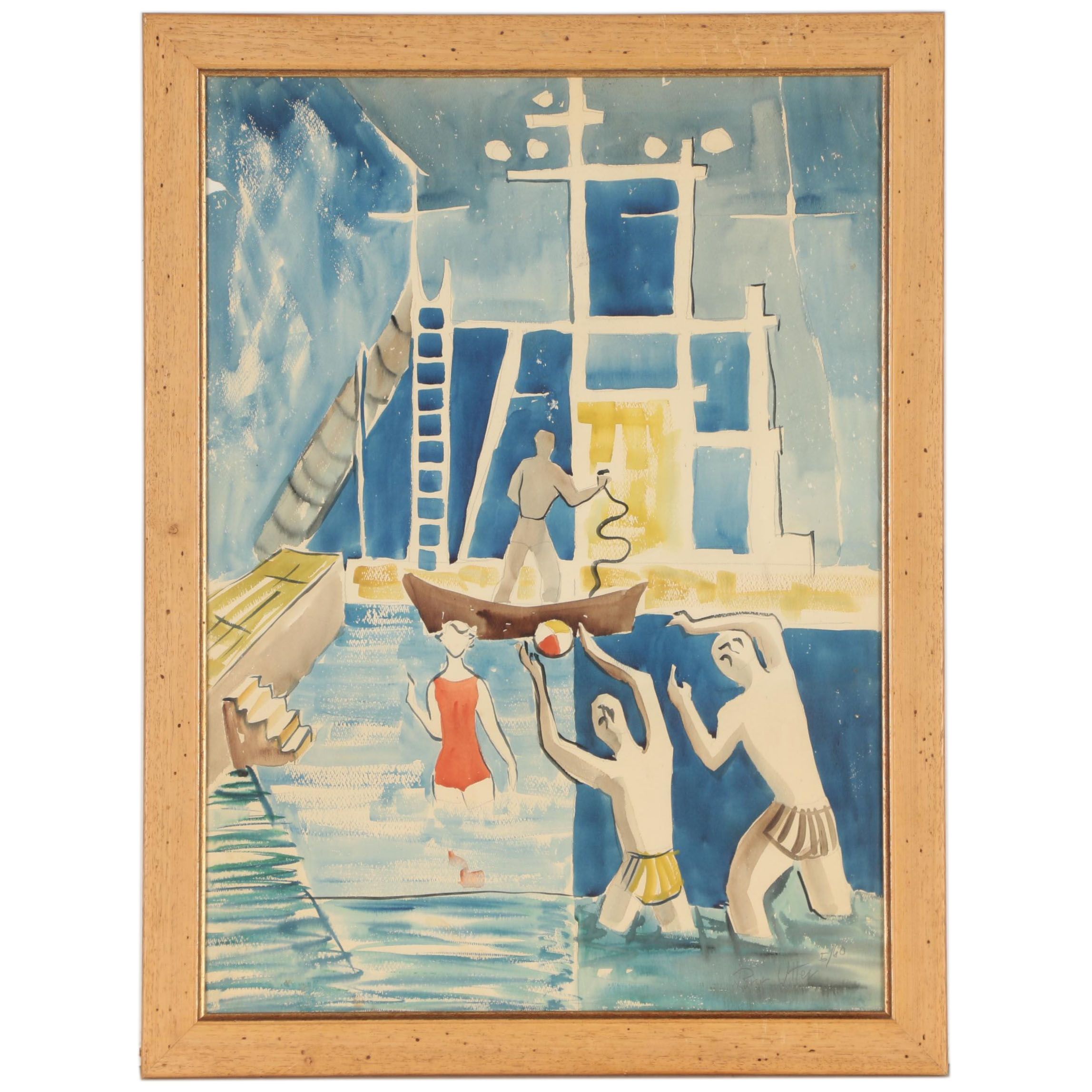 Bror Utter Modernist Figural Watercolor Painting, 1960