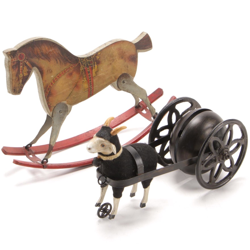 Gibbs Victorian Decoupage Rocking Horse Figure with Billy Goat Pull Cart Toy