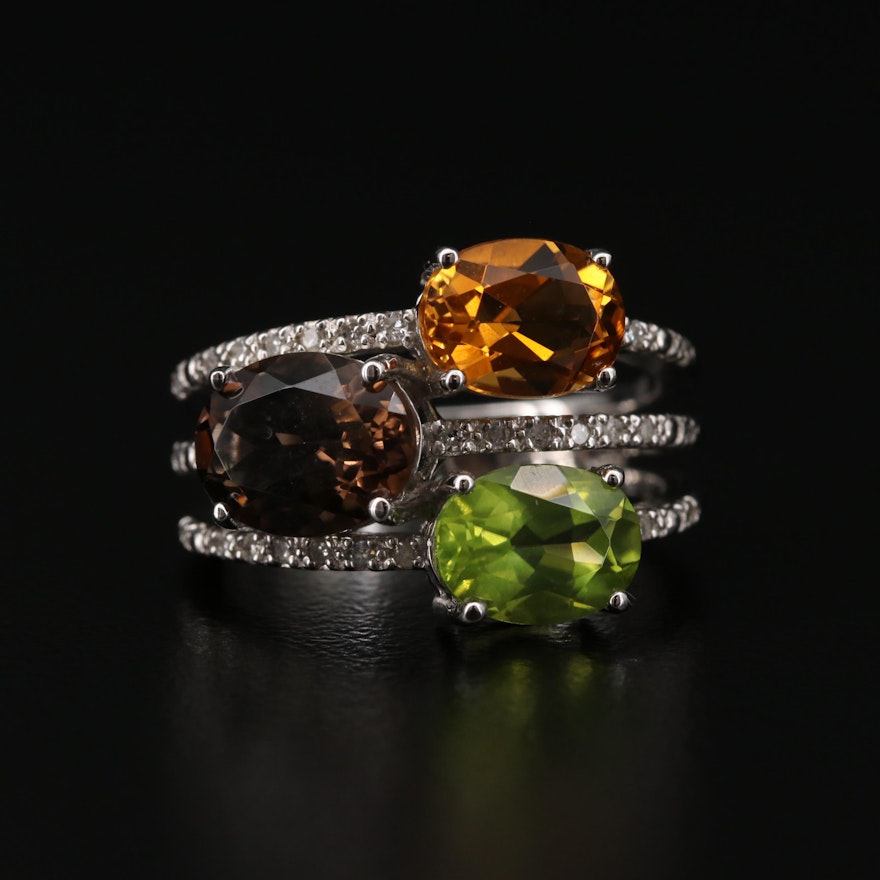 Sterling Silver Peridot, Smoky Quartz and Diamond Ring