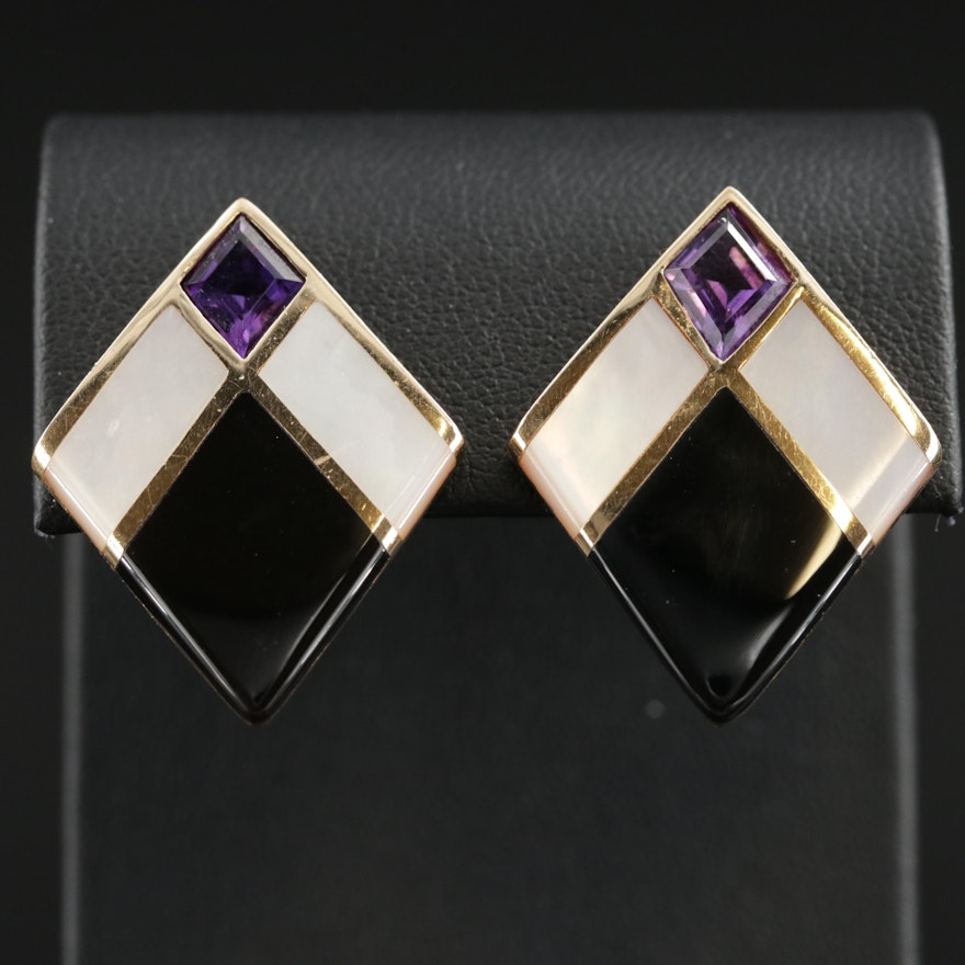 Kabana 14K Black Onyx and Mother of Pearl Inlay Earrings with Amethyst