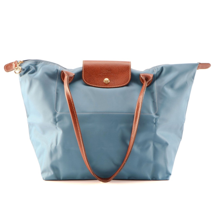 Longchamp Le Pliage Shopping Tote in Ice Blue Nylon and Brown Textured Leather