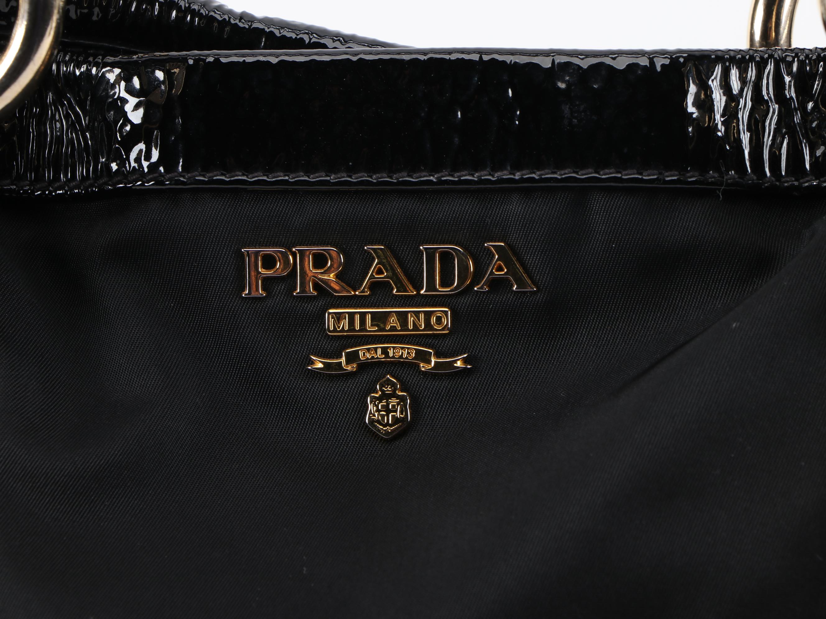 Prada Expandable Zipper Tote in Black Tessuto Nylon and Crinkled Patent Leather