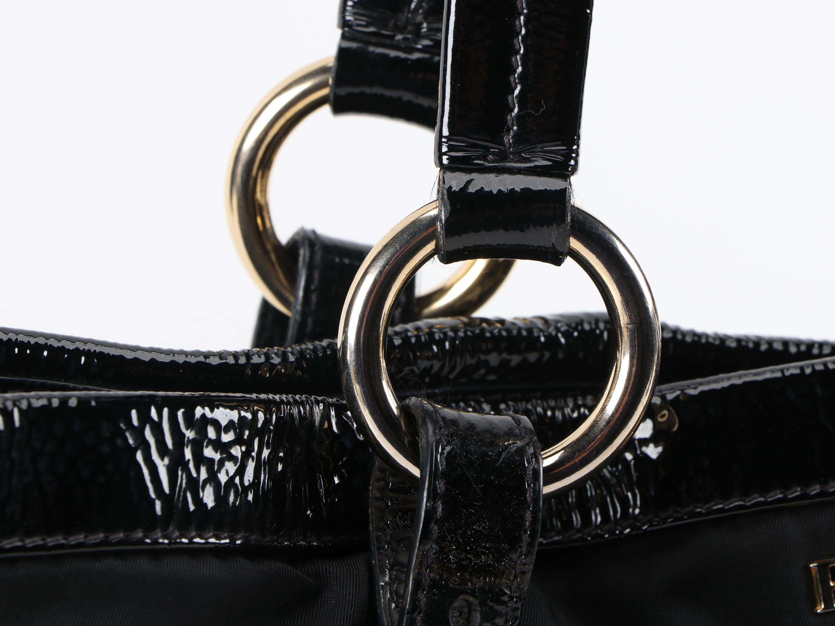 Prada Expandable Zipper Tote in Black Tessuto Nylon and Crinkled Patent Leather