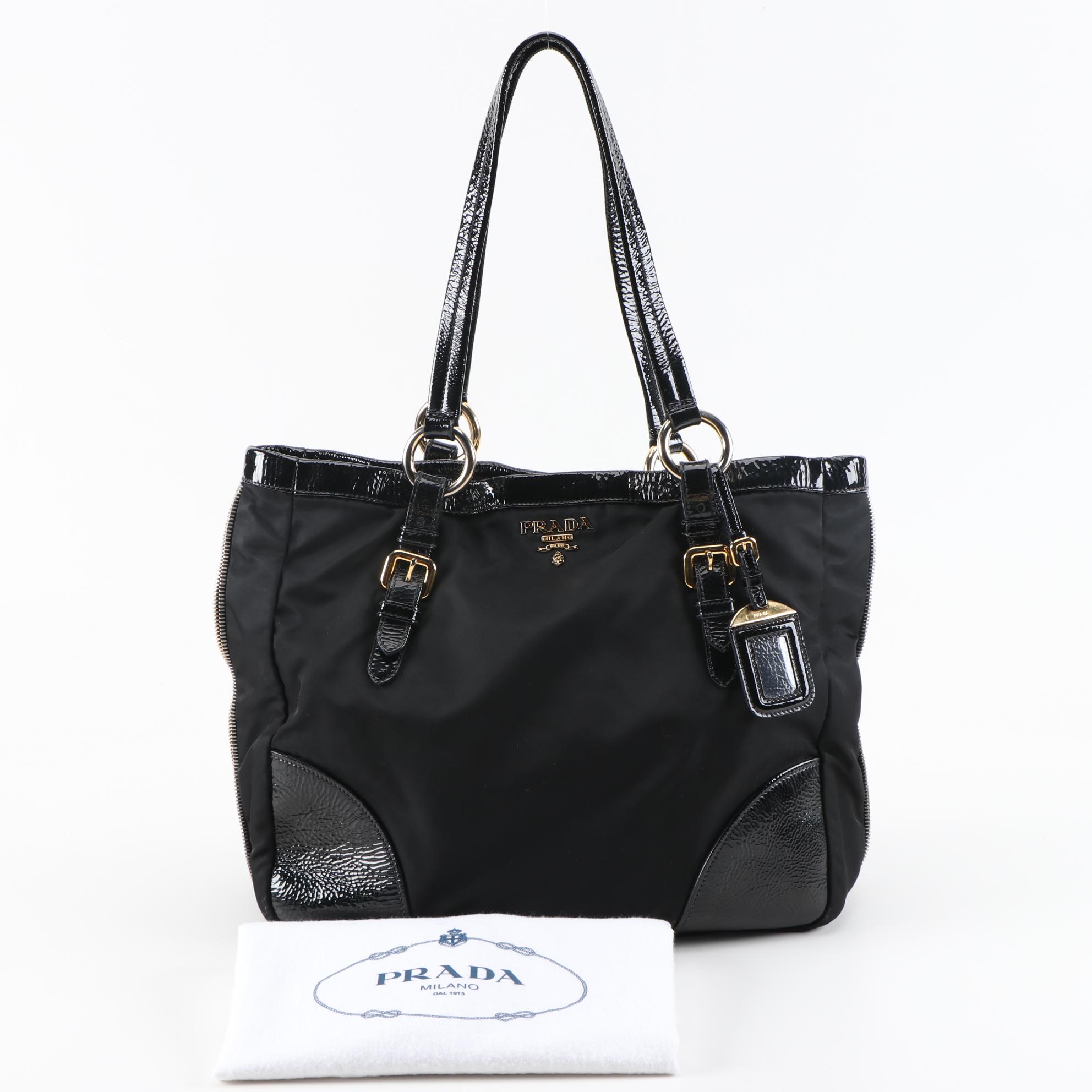 Prada Expandable Zipper Tote in Black Tessuto Nylon and Crinkled Patent Leather