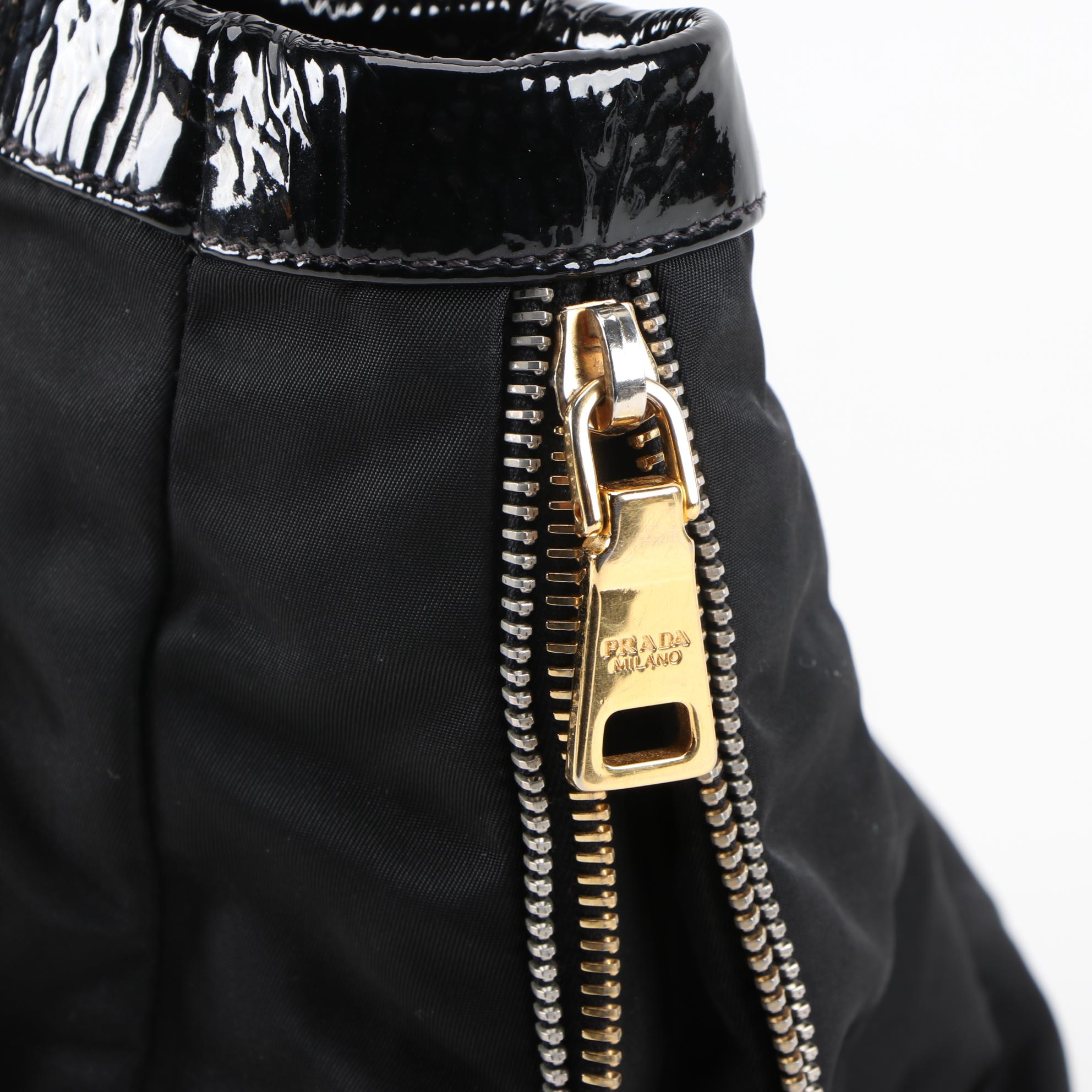 Prada Expandable Zipper Tote in Black Tessuto Nylon and Crinkled Patent Leather