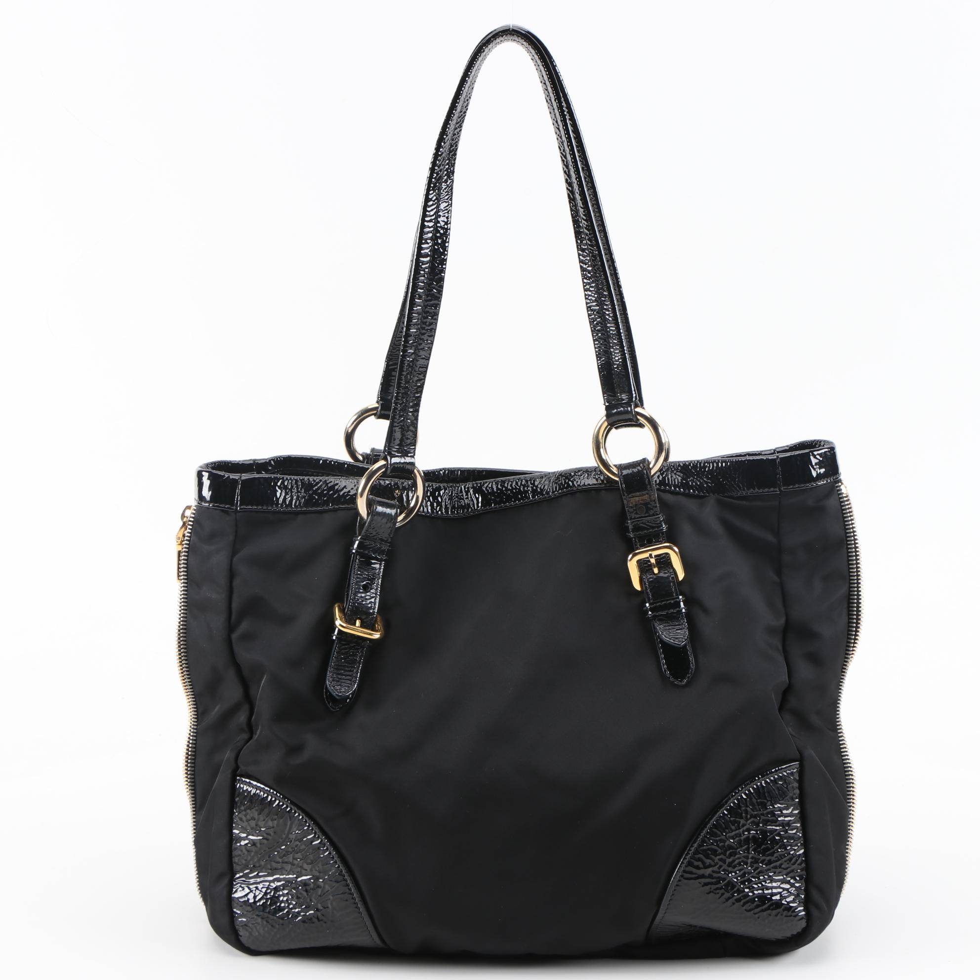 Prada Expandable Zipper Tote in Black Tessuto Nylon and Crinkled Patent Leather