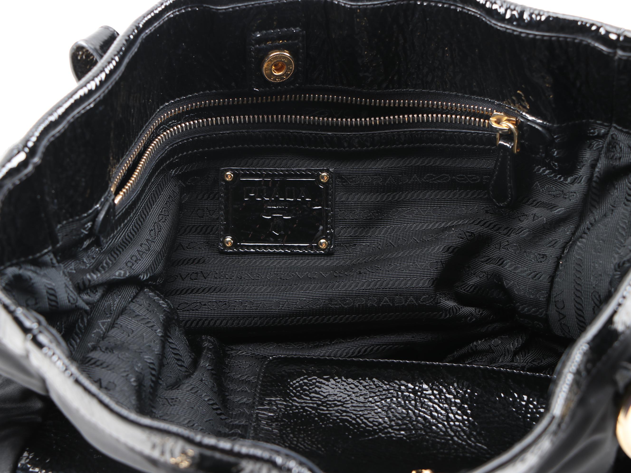 Prada Expandable Zipper Tote in Black Tessuto Nylon and Crinkled Patent Leather