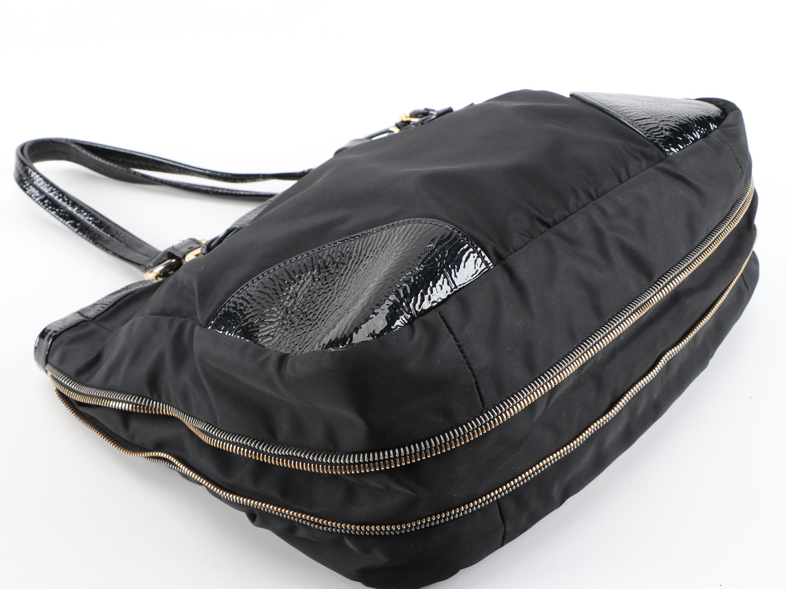 Prada Expandable Zipper Tote in Black Tessuto Nylon and Crinkled Patent Leather
