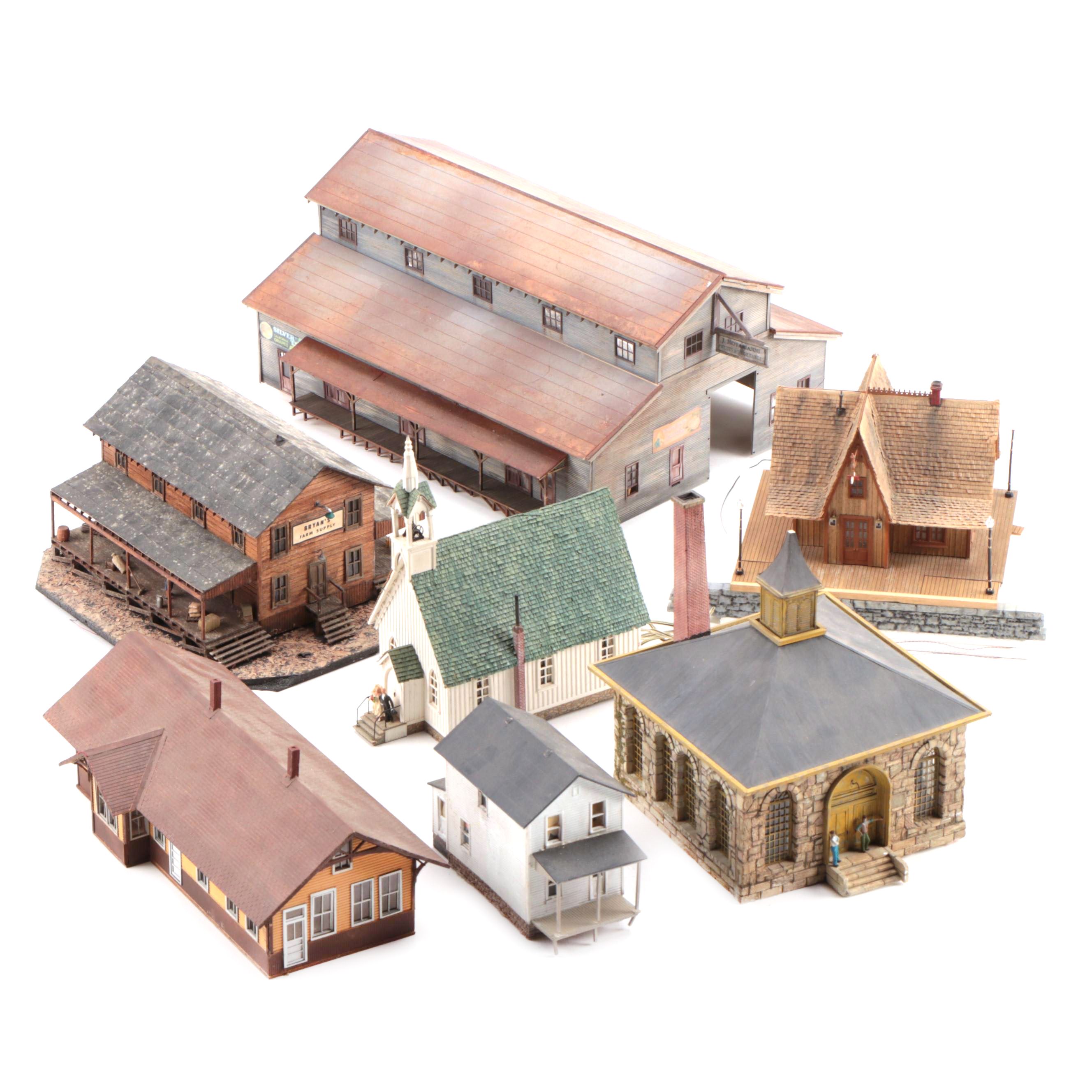 Model Train Structures Including Shops, Houses and a Church