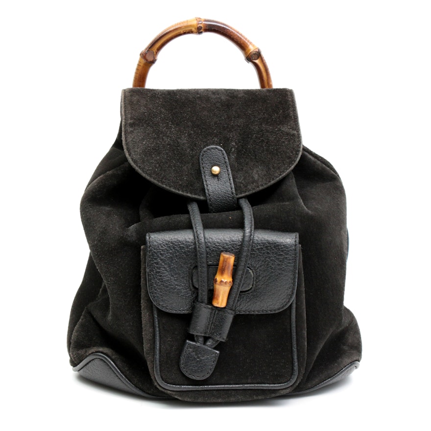 Gucci Black Suede and Grained Leather Bamboo Backpack Purse