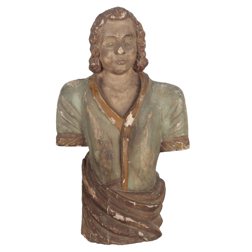 Hand-Painted Wooden Bust of Male