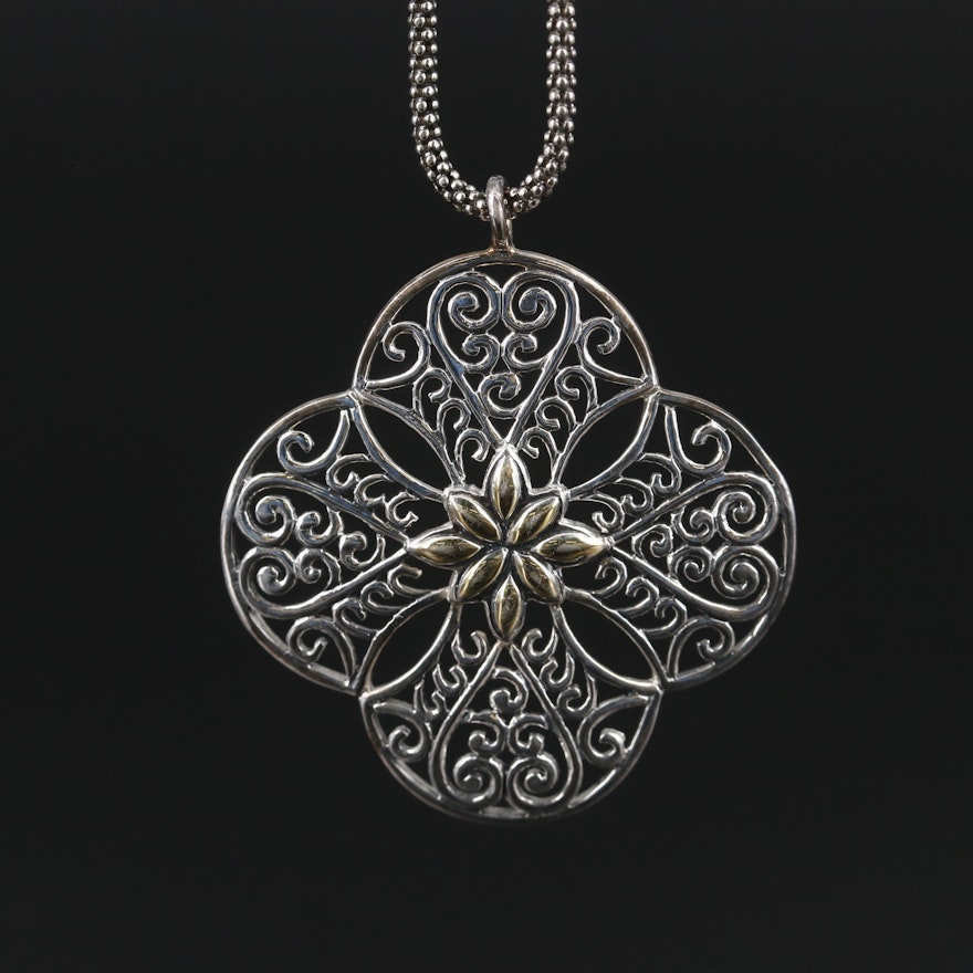 Sterling Silver Openwork Pendant on Popcorn Chain Necklace