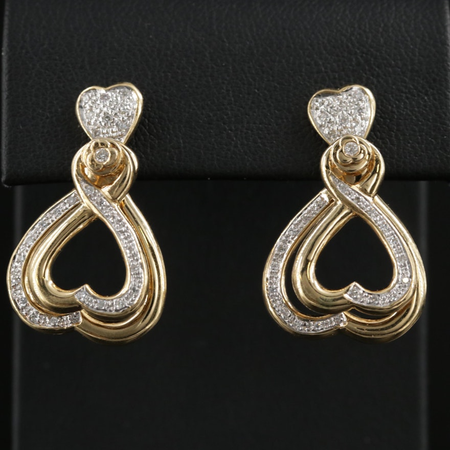 18K Yellow Gold Diamond Heart Dangle Earrings