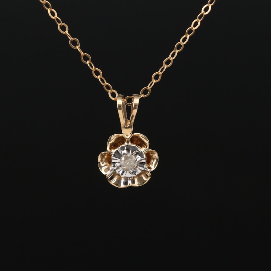 10K Yellow Gold Diamond Pendant On Cable Chain Necklace