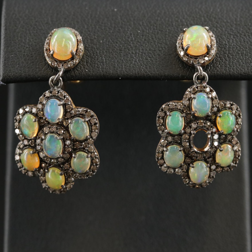 Sterling Silver Opal and Diamond Drop Earrings