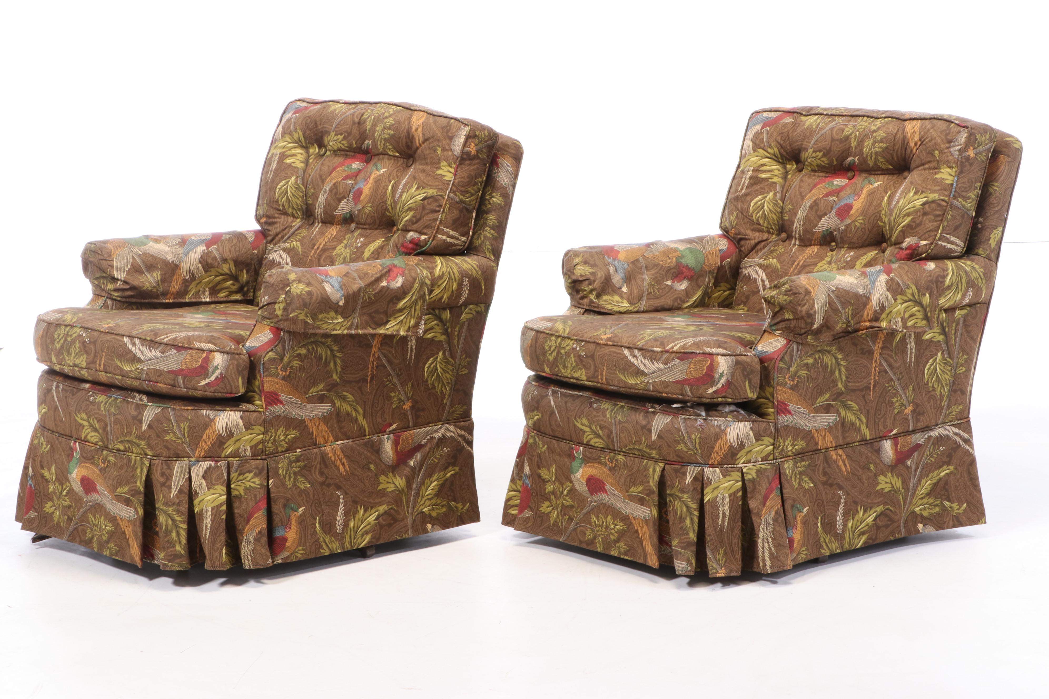 Upholstered Skirted Swivel Rocking Club Chairs, Late 20th Century