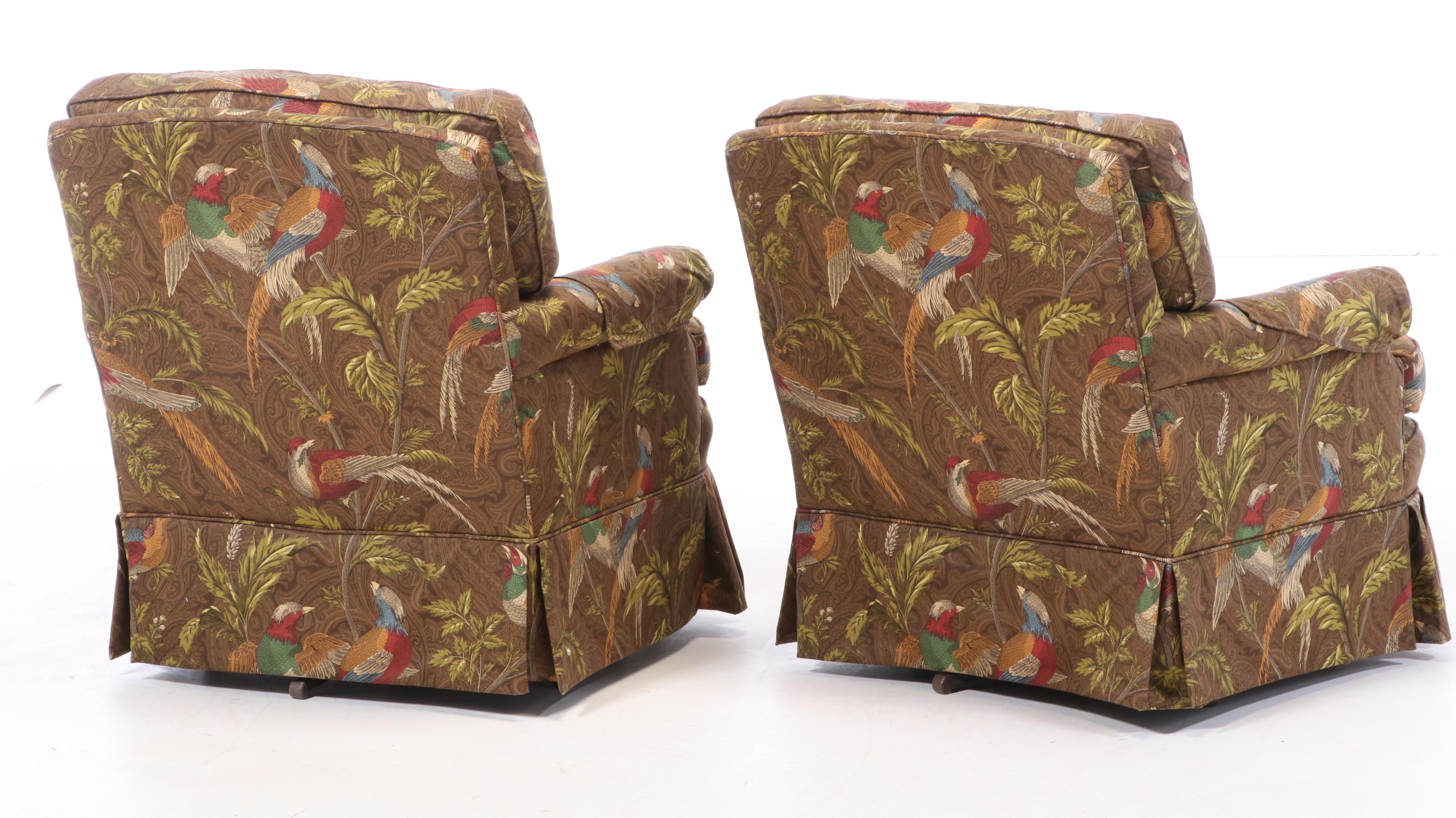 Upholstered Skirted Swivel Rocking Club Chairs, Late 20th Century