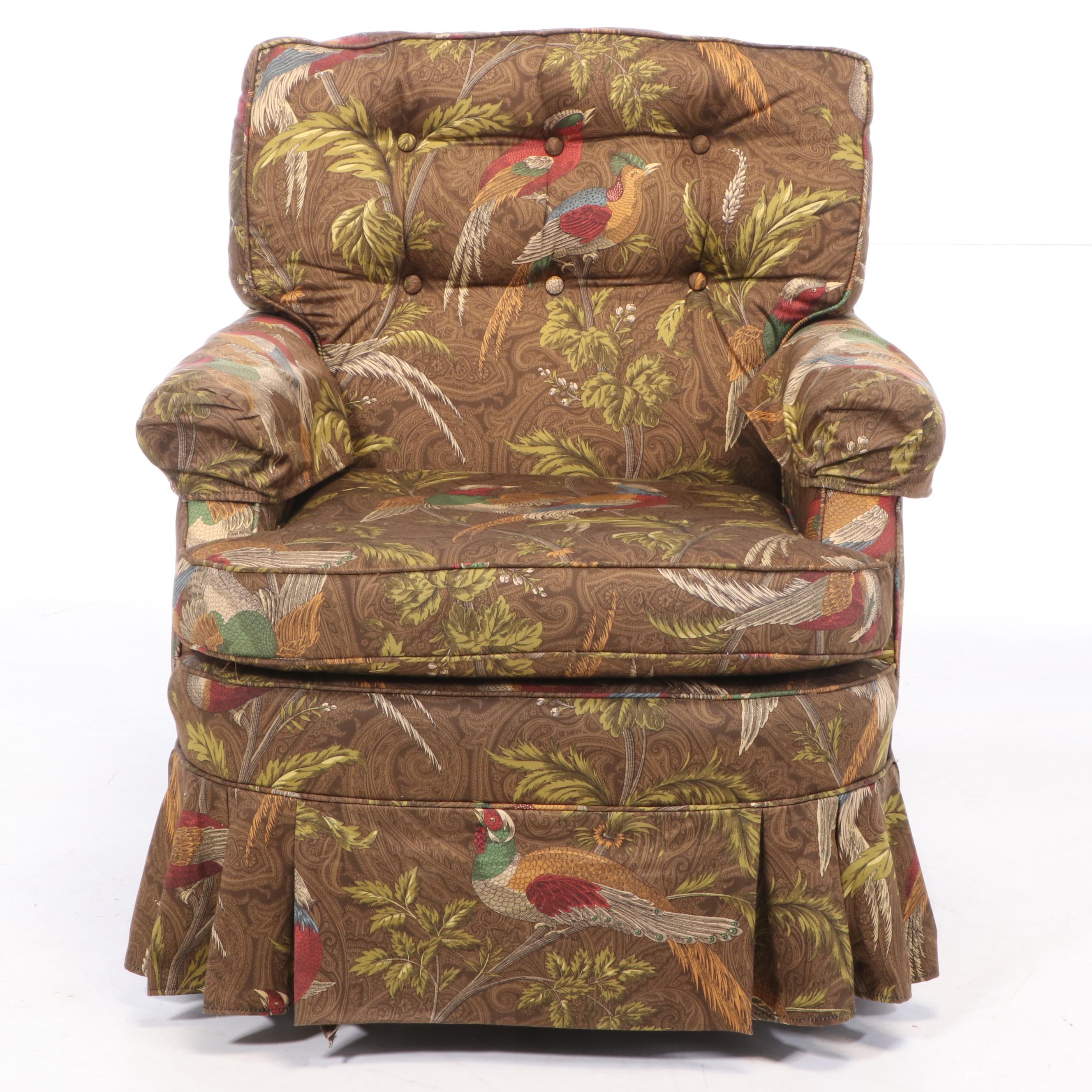 Upholstered Skirted Swivel Rocking Club Chairs, Late 20th Century