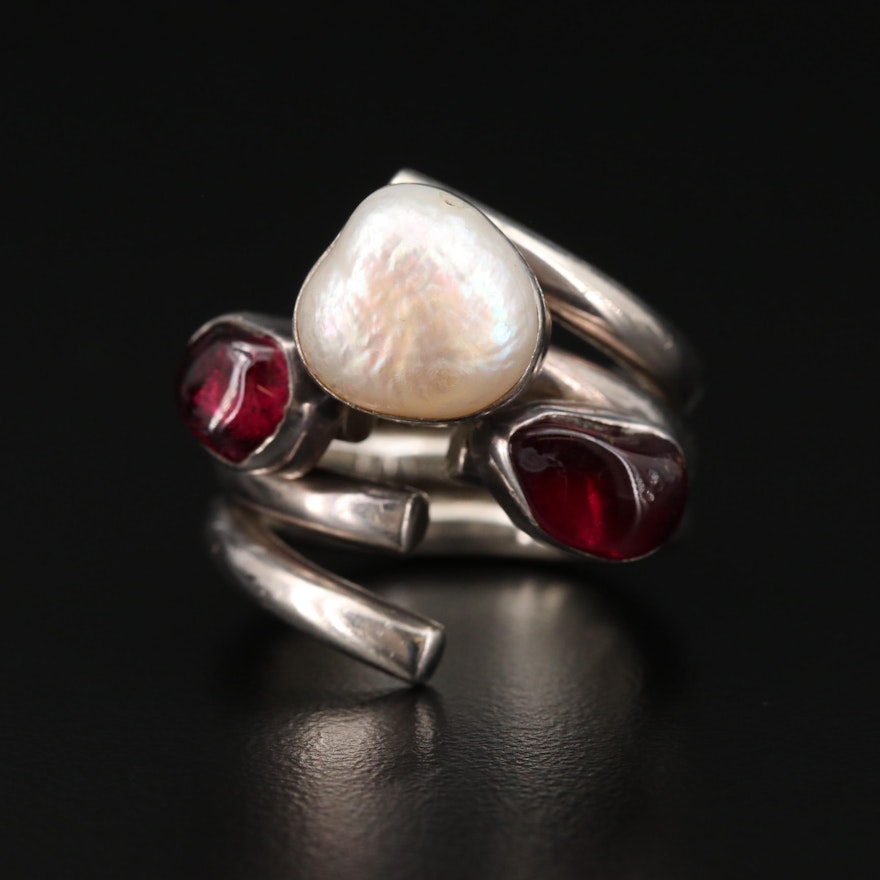 Lilly Barrack Sterling Silver Garnet and Cultured Pearl Ring
