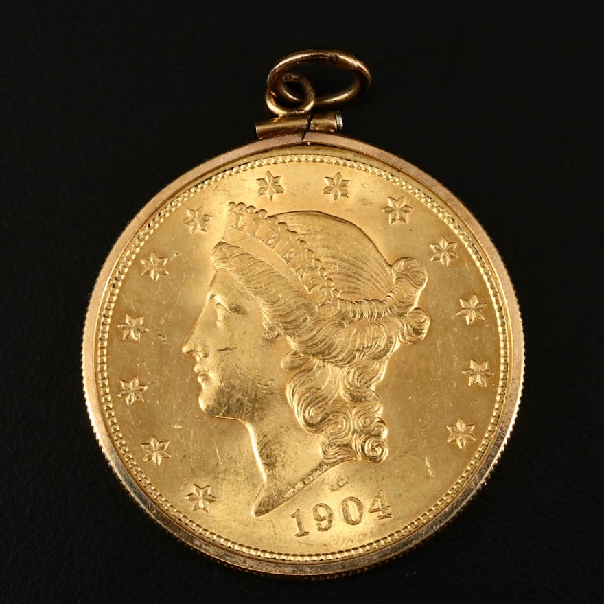 1904-S Liberty Head $20 Gold Double Eagle Mounted in a Bezel