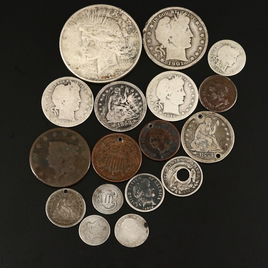 Seventeen Antique to Vintage U.S. Type Coins, Including Silver